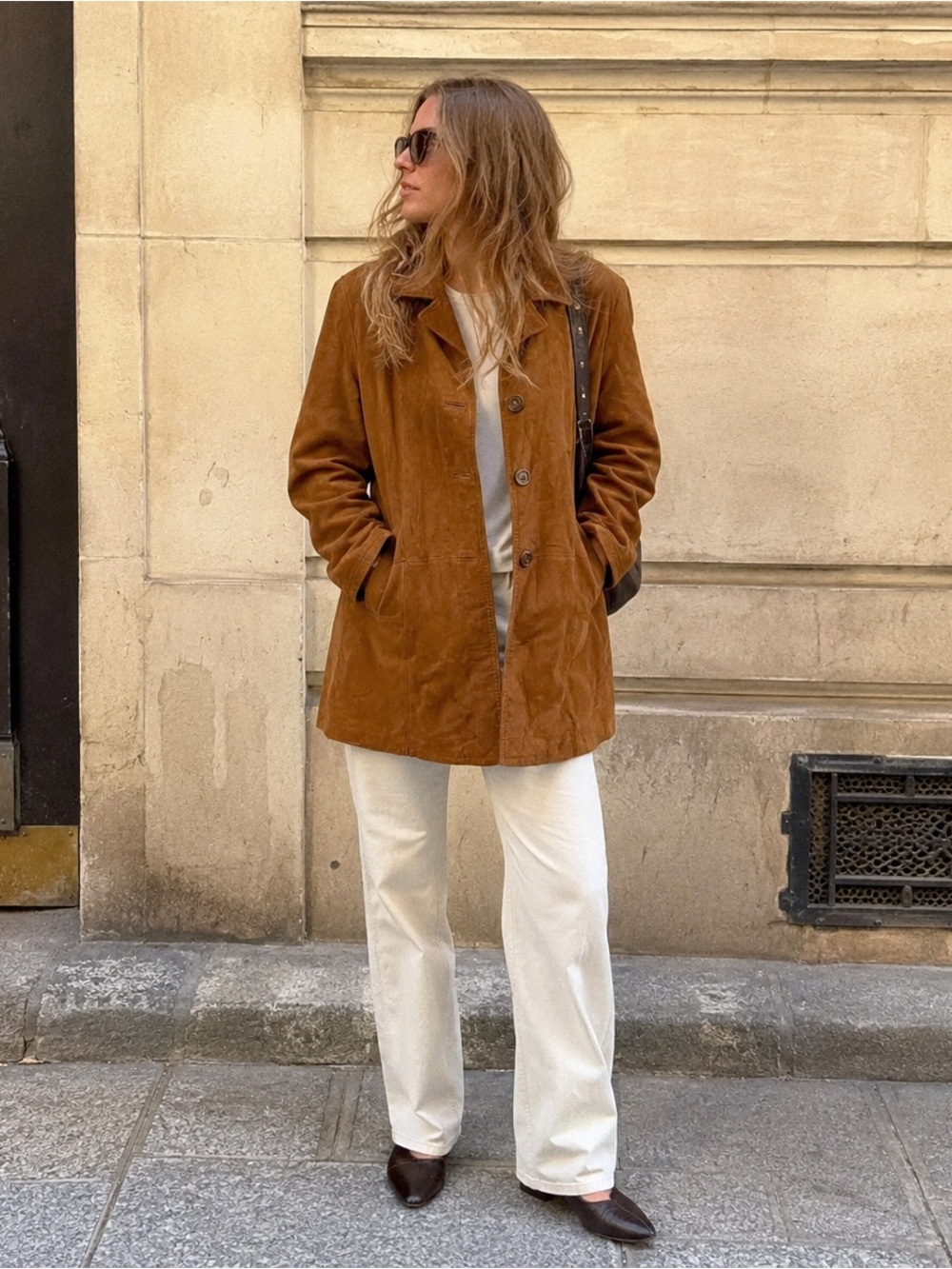 Suede Button-Front Coat in Chestnut Brown